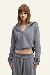 Women's Washed Loose Edged Pleated V-Neck Cotton Hoodie