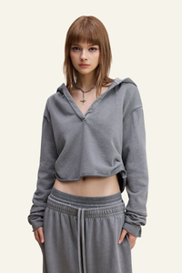 Women's Washed Loose Edged Pleated V-Neck Cotton Hoodie