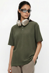 Women's Streetwear Washed Henley Collar Distressed T-shirt