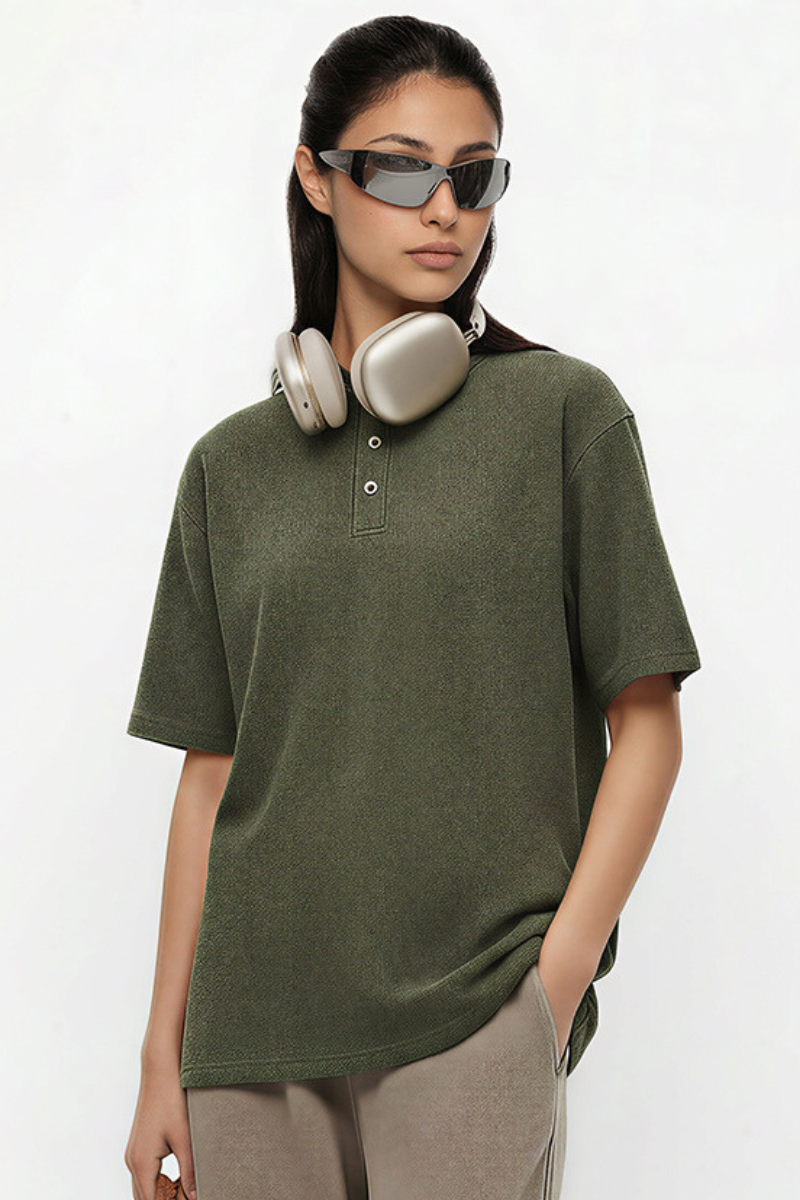 Women's Streetwear Washed Henley Collar Distressed T-shirt
