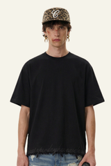 Men's Streetwear  Embroidered Raw-Edge Drop-Shoulder T-Shirt