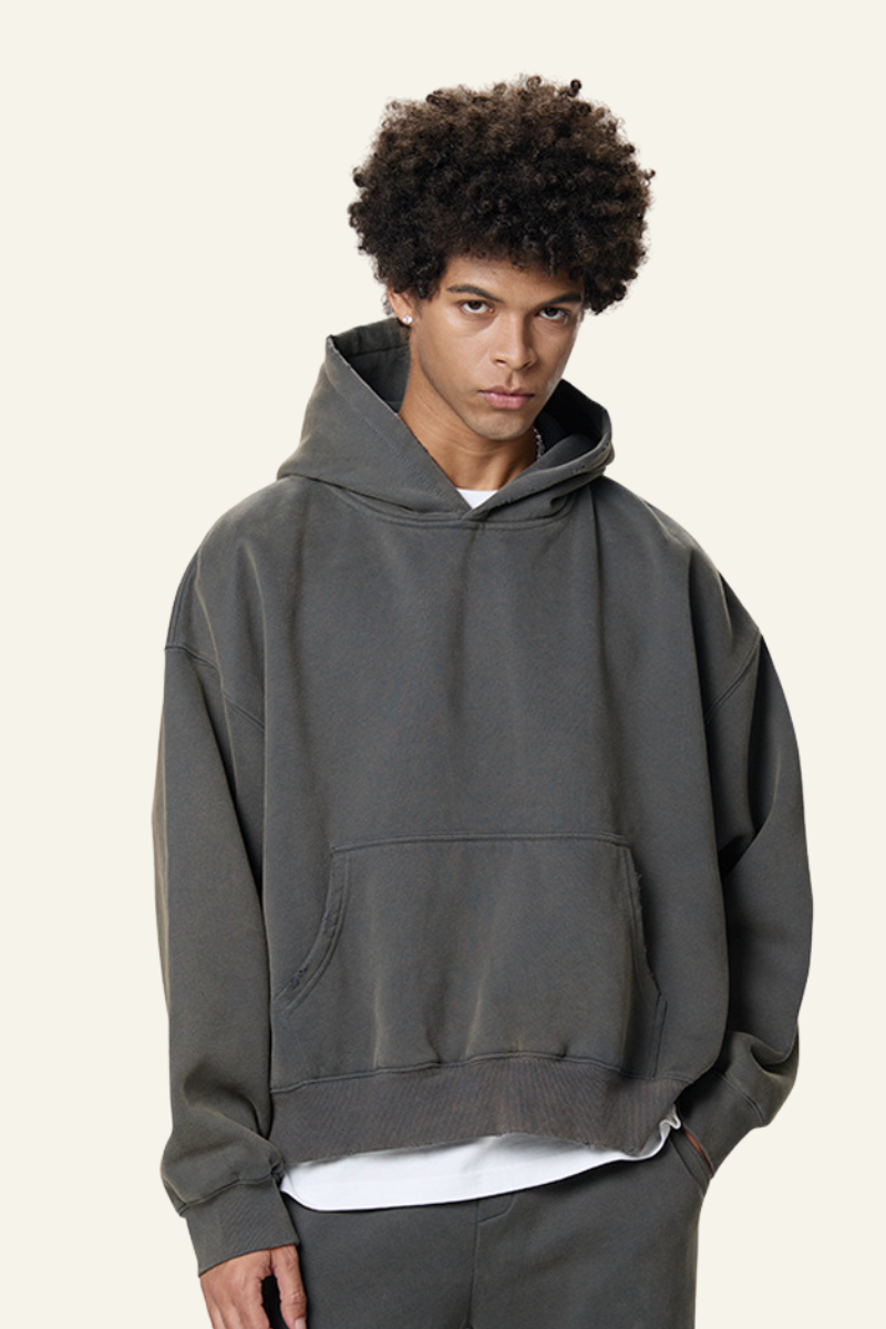 Men's Fleece-Lined Thick Washed Distressed Hoodie.