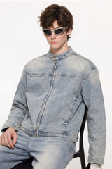 Men's 385g Washed Patchwork Denim StandCollar Zip Jacket