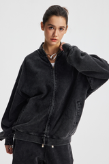 Women's Cotton Streetwear Wax-Dyed Washed Stand Collar Distressed Jacket