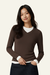Women V-Neck Layered Long-Sleeve Knit T-Shirt