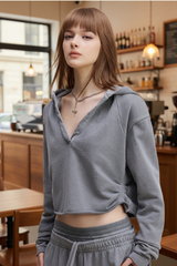 Women's Washed Loose Edged Pleated V-Neck Cotton Hoodie