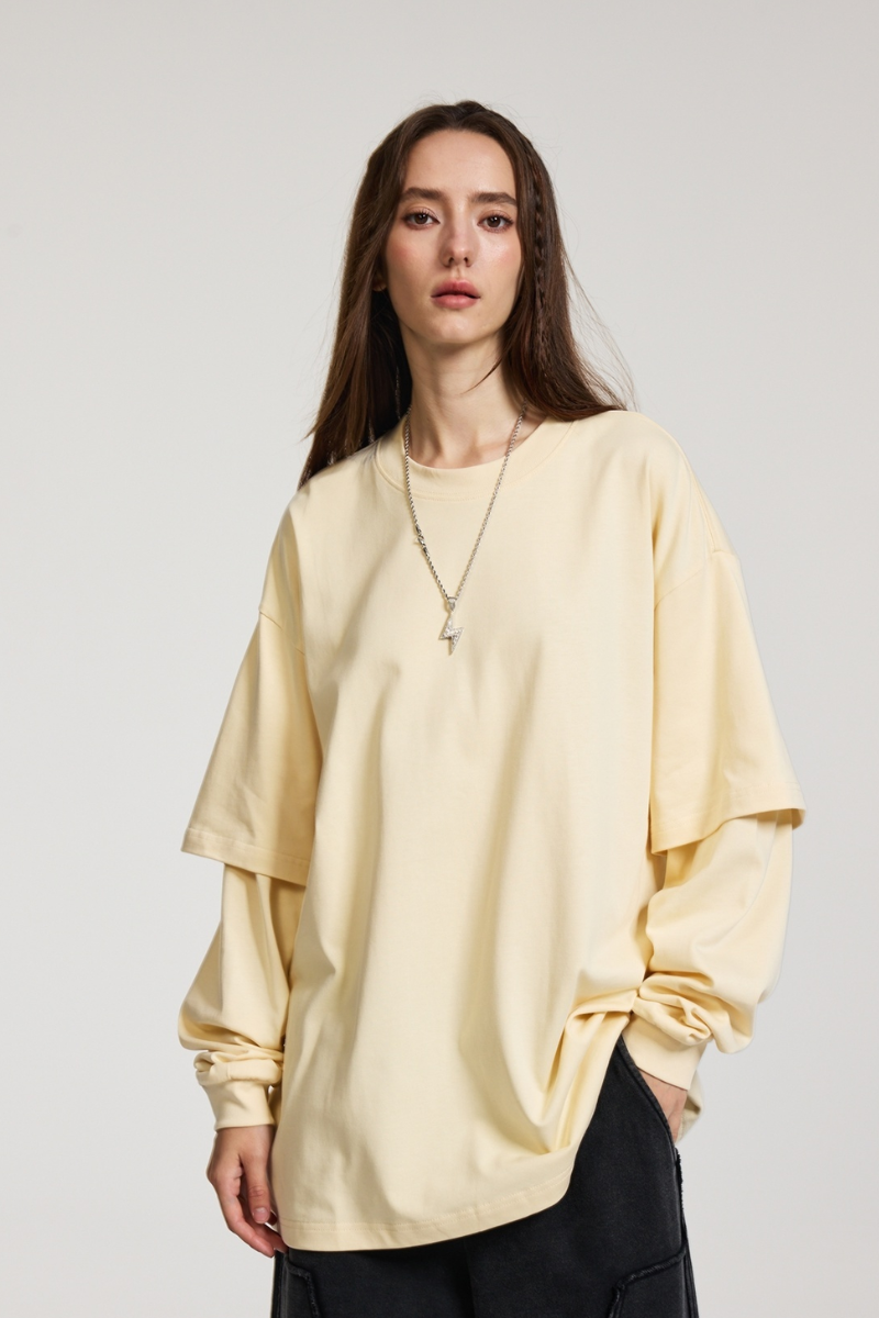 Women's Spring Summer 305g Cotton Mock Layer Long Sleeve