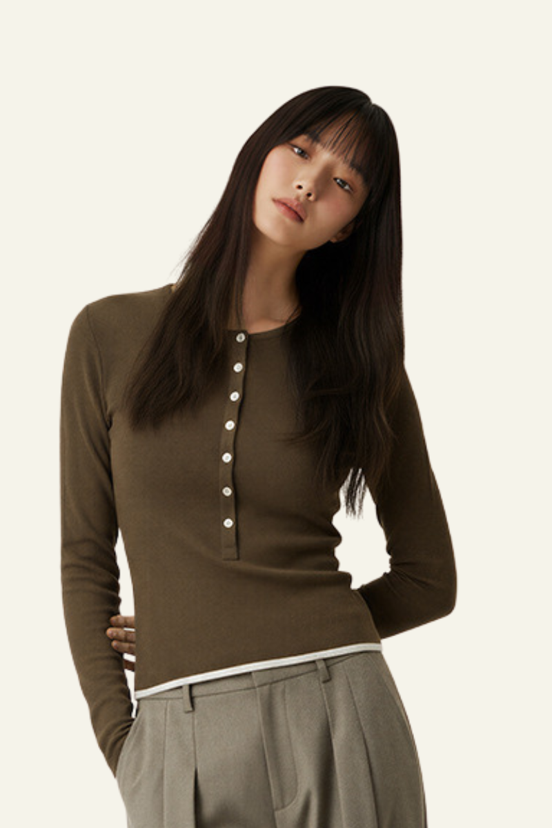 Women's Slim Fit Henley Neck Long Sleee T-shirt