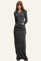 Women's Slim Fit Set:Long Seelve Top & Maxi Skirt