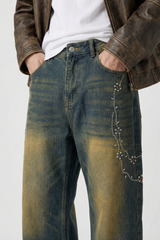 Men's Chain Rhinestone Washed Blue Yellow Fade Wide Jeans