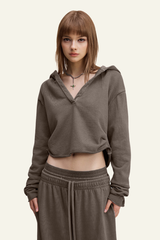 Women's Washed Loose Edged Pleated V-Neck Cotton Hoodie