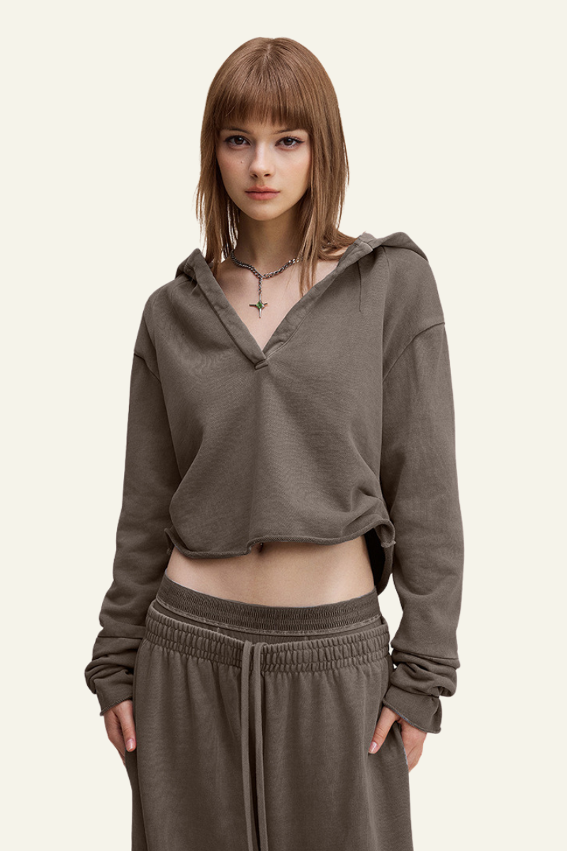 Women's Washed Loose Edged Pleated V-Neck Cotton Hoodie