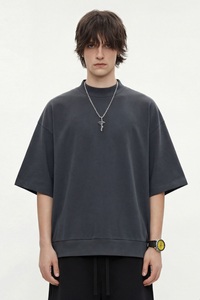 Men's Summer Mock Neck 305g Cotton Boxy Dolman Ribbed Tee