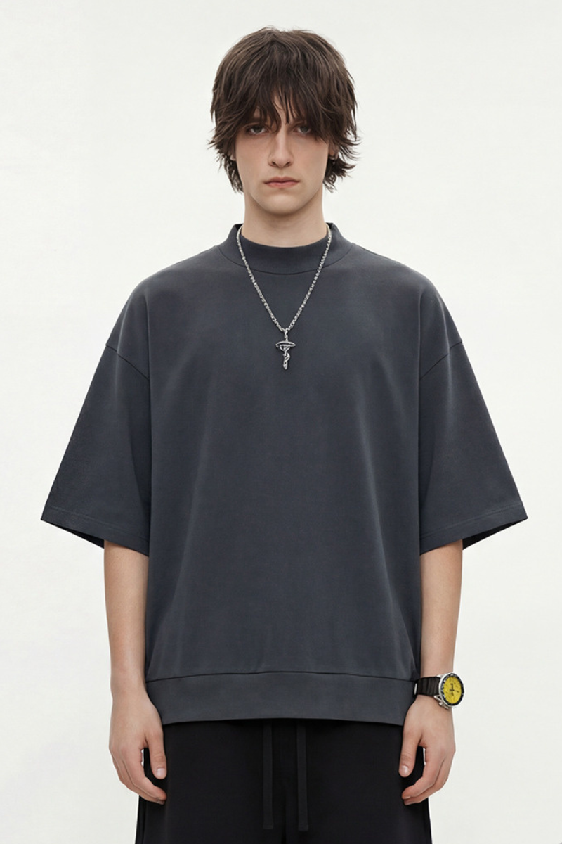 Men's Summer Mock Neck 305g Cotton Boxy Dolman Ribbed Tee