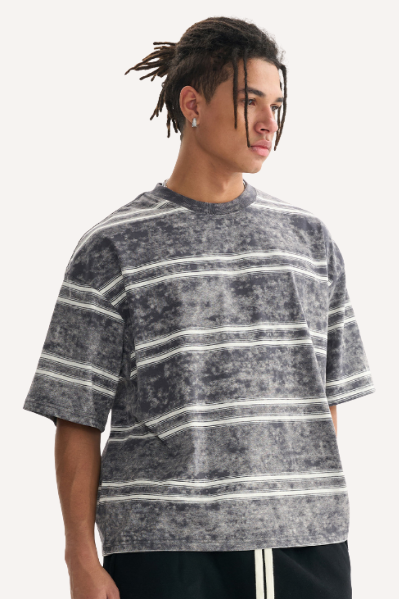 Unisex Washed Stripe Ribbed Crewneck Boxy Tee