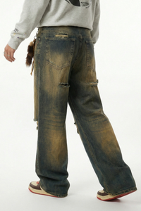 Men's Spring Summer Washed Ripped Red Rhinestone Wide Jeans