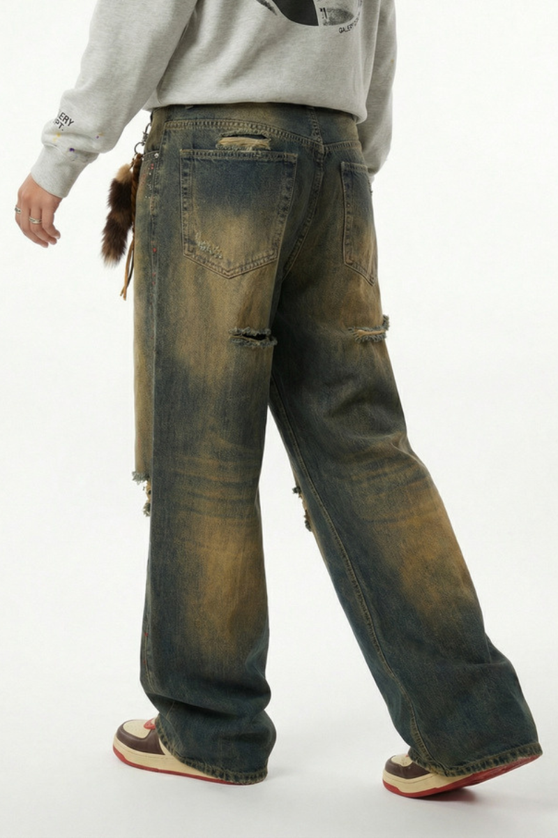 Men's Spring Summer Washed Ripped Red Rhinestone Wide Jeans