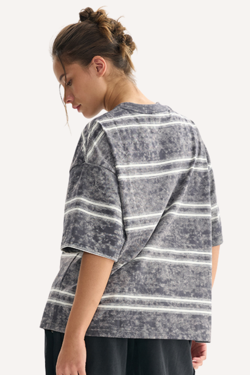 Unisex Washed Stripe Ribbed Crewneck Boxy Tee