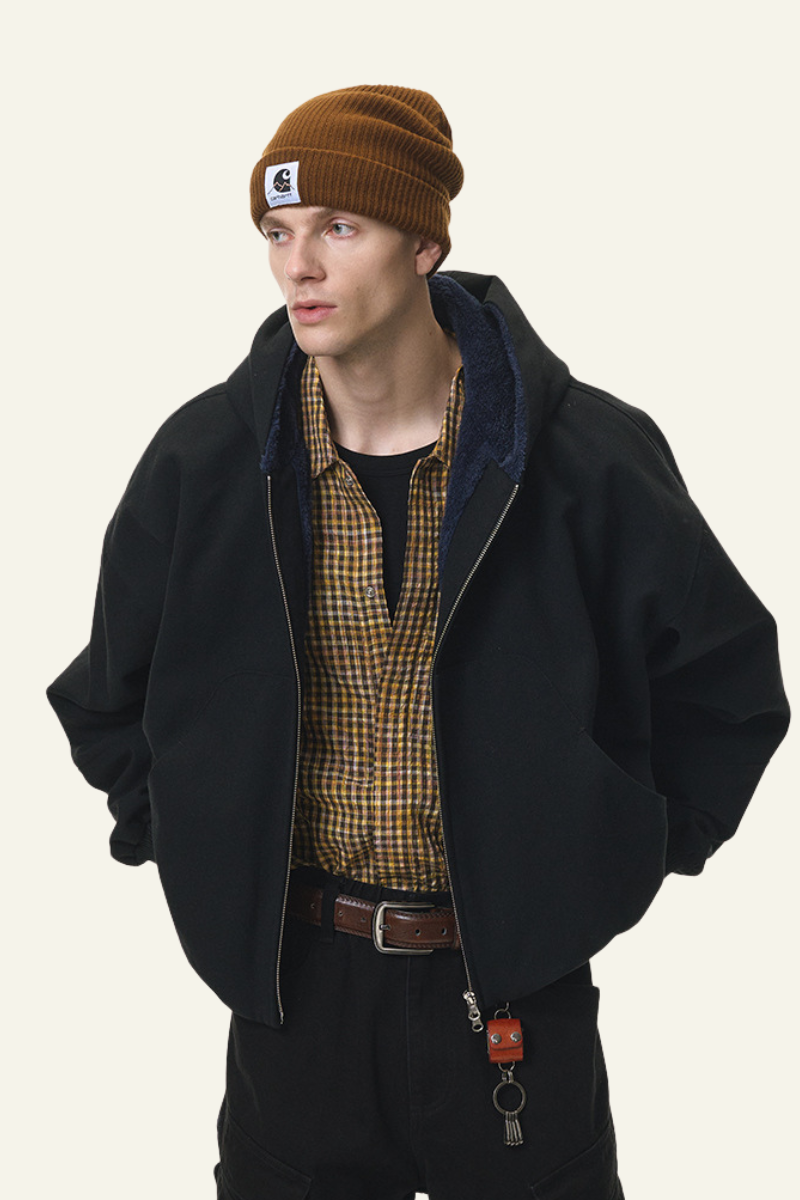 Men's Short-length Plush-lined Full-zipper Jacket.