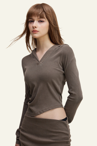 Women's Long Sleeve Deep V-Neck Slim Fit Hooded Top