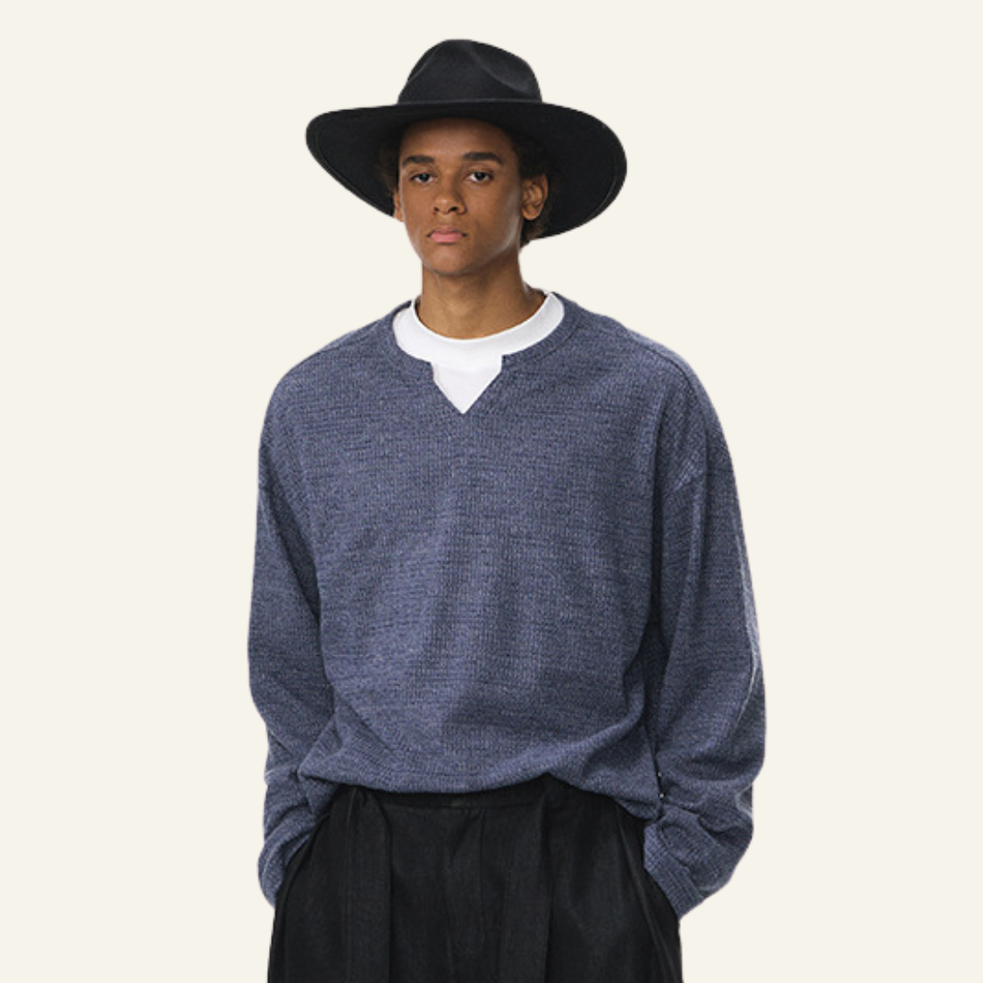 Men's Streetwear V-Neck Waffle Textured Knit Sweater