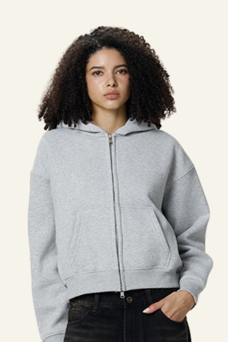 Women's  Fleece-lined Double-Zipper Cropped Hooded Jacket