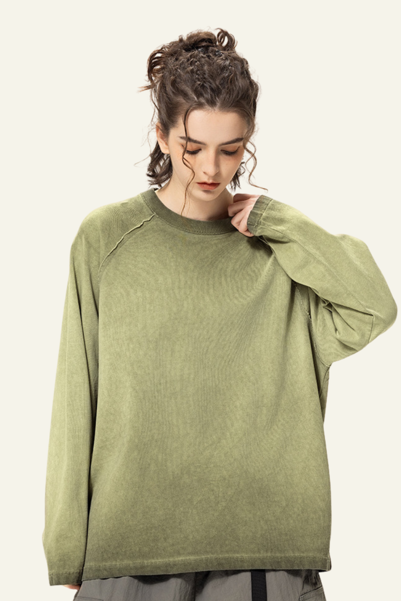 Women's Streetwear Washed Cotton Long-Sleeved T-shirt.