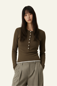 Women's Slim Fit Henley Neck Long Sleee T-shirt