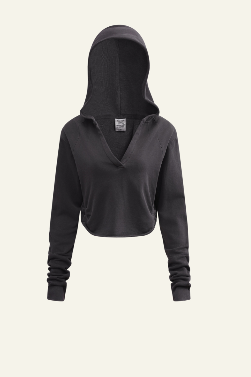 Women's Washed Loose Edged Pleated V-Neck Cotton Hoodie