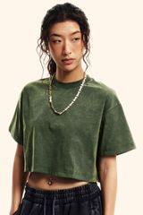 Women's Summer 230g Raw Edge Washed Crewneck Cropped Tee