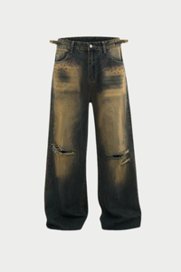 Men's Spring Summer Washed Ripped Red Rhinestone Wide Jeans