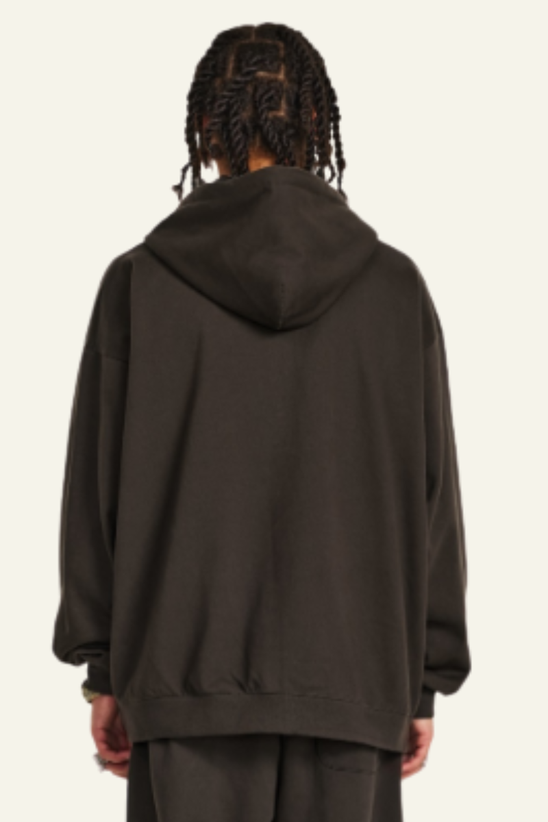 Pure color terry cloth hooded zip-up sweatshirt.