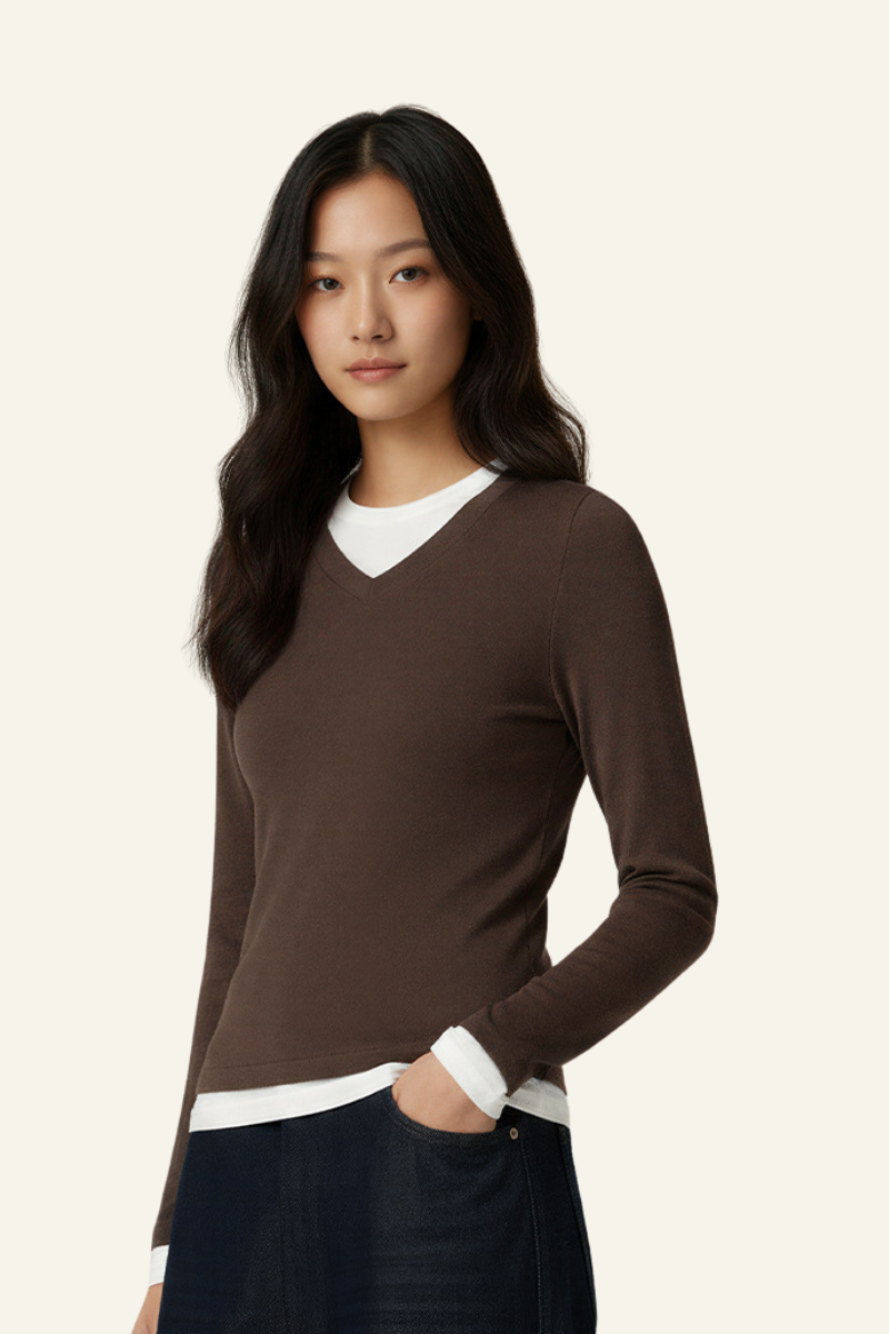 Women V-Neck Layered Long-Sleeve Knit T-Shirt