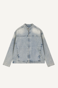 Men's 385g Washed Patchwork Denim StandCollar Zip Jacket