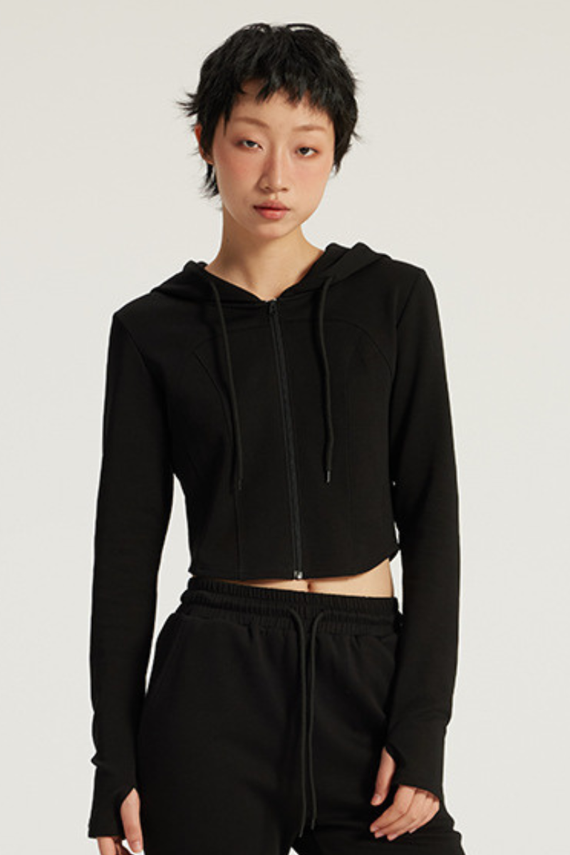 Women's Streetwear Cropped Finger Cuffs Hooded Jacket