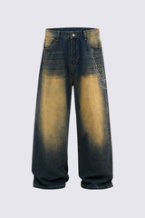 Men's Chain Rhinestone Washed Blue Yellow Fade Wide Jeans