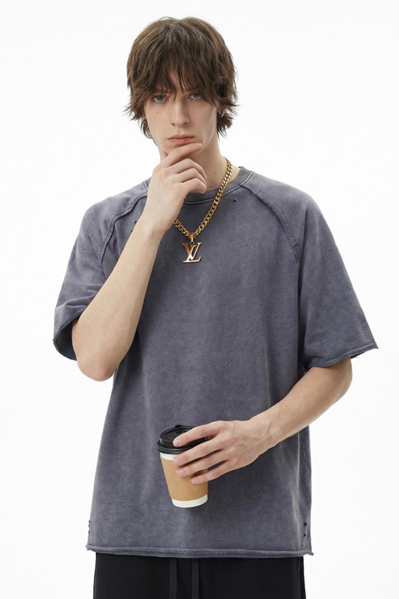 Men's Spring Summer 350g Cotton Batik Washed Raglan Tee