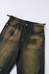 Men's Spring Summer Washed Ripped Red Rhinestone Wide Jeans