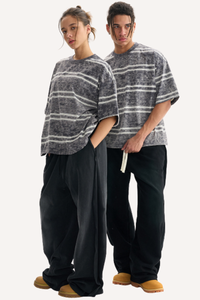 Unisex Washed Stripe Ribbed Crewneck Boxy Tee