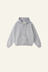 Pure color terry cloth hooded zip-up sweatshirt.