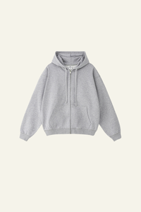Pure color terry cloth hooded zip-up sweatshirt.