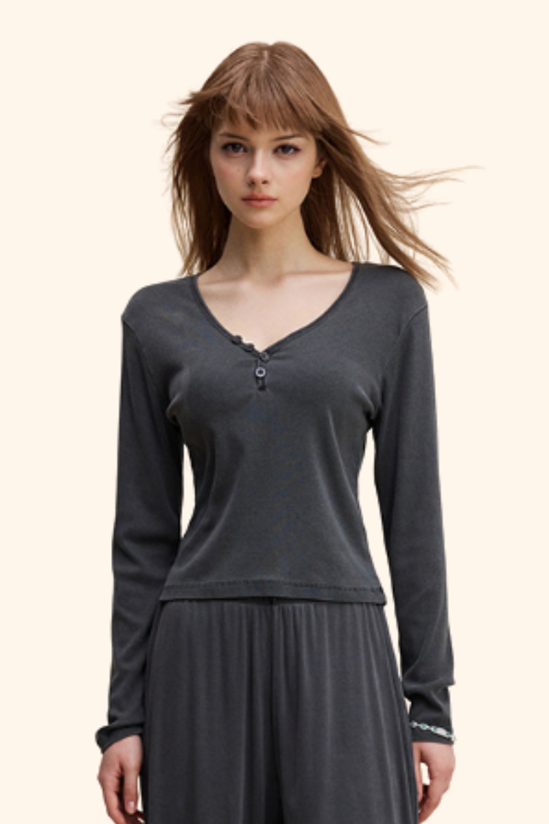 Women's 275g Sexy V-Neck Button Long Sleeve Slim Knit Top