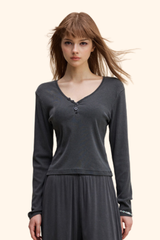 Women's 275g Sexy V-Neck Button Long Sleeve Slim Knit Top