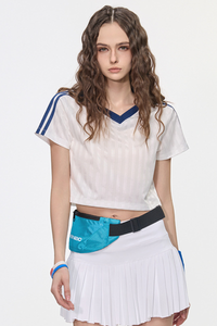 Color-blocked collegiate-style short T-shirt