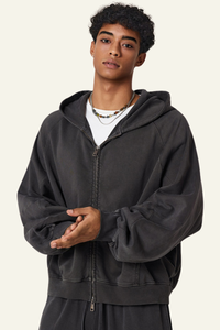 Men's  Streetwear Vintage Washed Full Zipper Hooded Jacket.