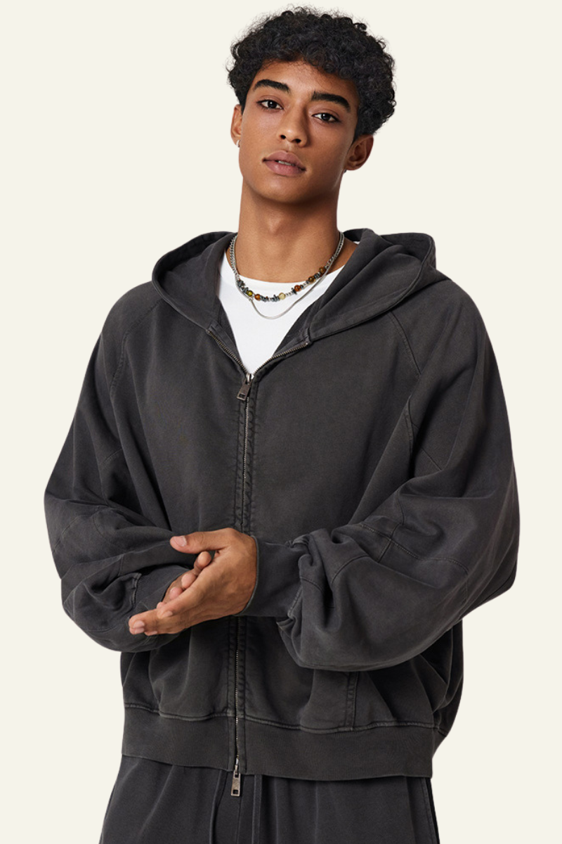 Men's  Streetwear Vintage Washed Full Zipper Hooded Jacket.