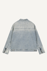 Men's 385g Washed Patchwork Denim StandCollar Zip Jacket