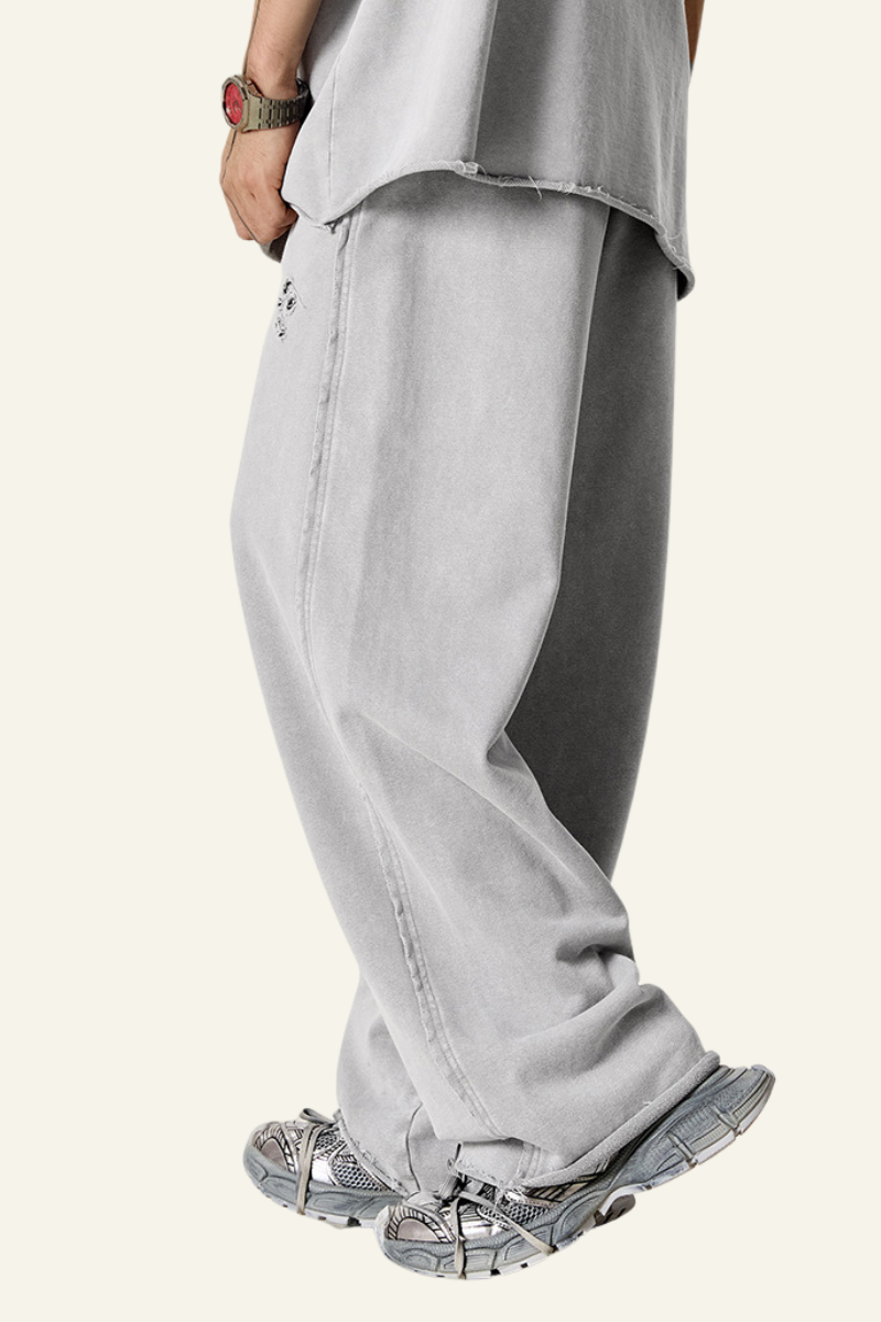 Men's Vintage Washed Frayed Hem Cotton Straight Leg Pants