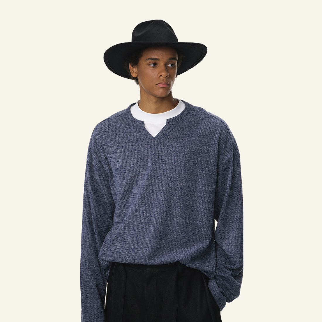 Men's Streetwear V-Neck Waffle Textured Knit Sweater