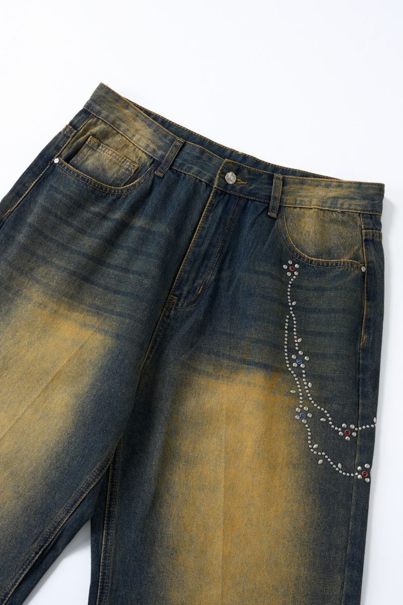 Men's Chain Rhinestone Washed Blue Yellow Fade Wide Jeans
